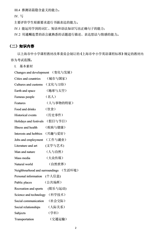 2018年上海市初中英语课程终结性评价指南（中考考纲）