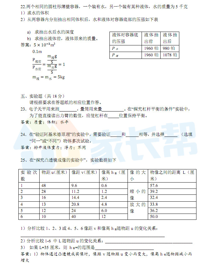 估分必备！2018中考物理试卷答案解析