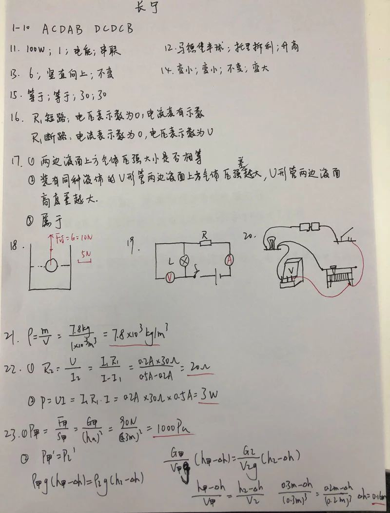 2019届初三一模长宁区物理卷解析