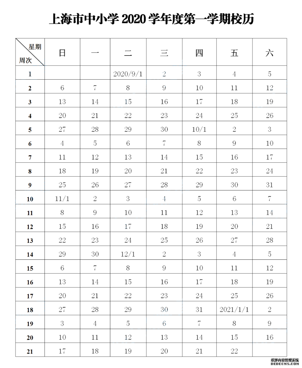 暑假已过大半，开学还会远吗！新学期什么时候放寒暑假，今年还有哪些节假日安排？小招已经整理好啦！赶紧收下这份2020-2021年的新学期校历吧~   第一学期 2020年9月1日开学，2021年1月22日结束 全学期共21周 寒假从2021年1月23日开始，2月21日结束     第二学期 2021年2月22日开学，6月30日结束 全学期共19周 暑假从7月1日开始，8月31日结束   ◆ ◆ ◆  ◆ ◆  两个月的暑假就快结束啦 今年再要有小长假的话 就要等到中秋和国庆啦 此处插播一个坏消息 今年中秋和国庆在同一天 元旦之前只有一个长假啦    中秋节、国庆节 10月1-8日放假调休，共八天 9月27日（周日）、10月10日（周六）上班    最后，小编编还要提醒一句 暑假余额不足！ 宝宝们作业要抓紧了哦！